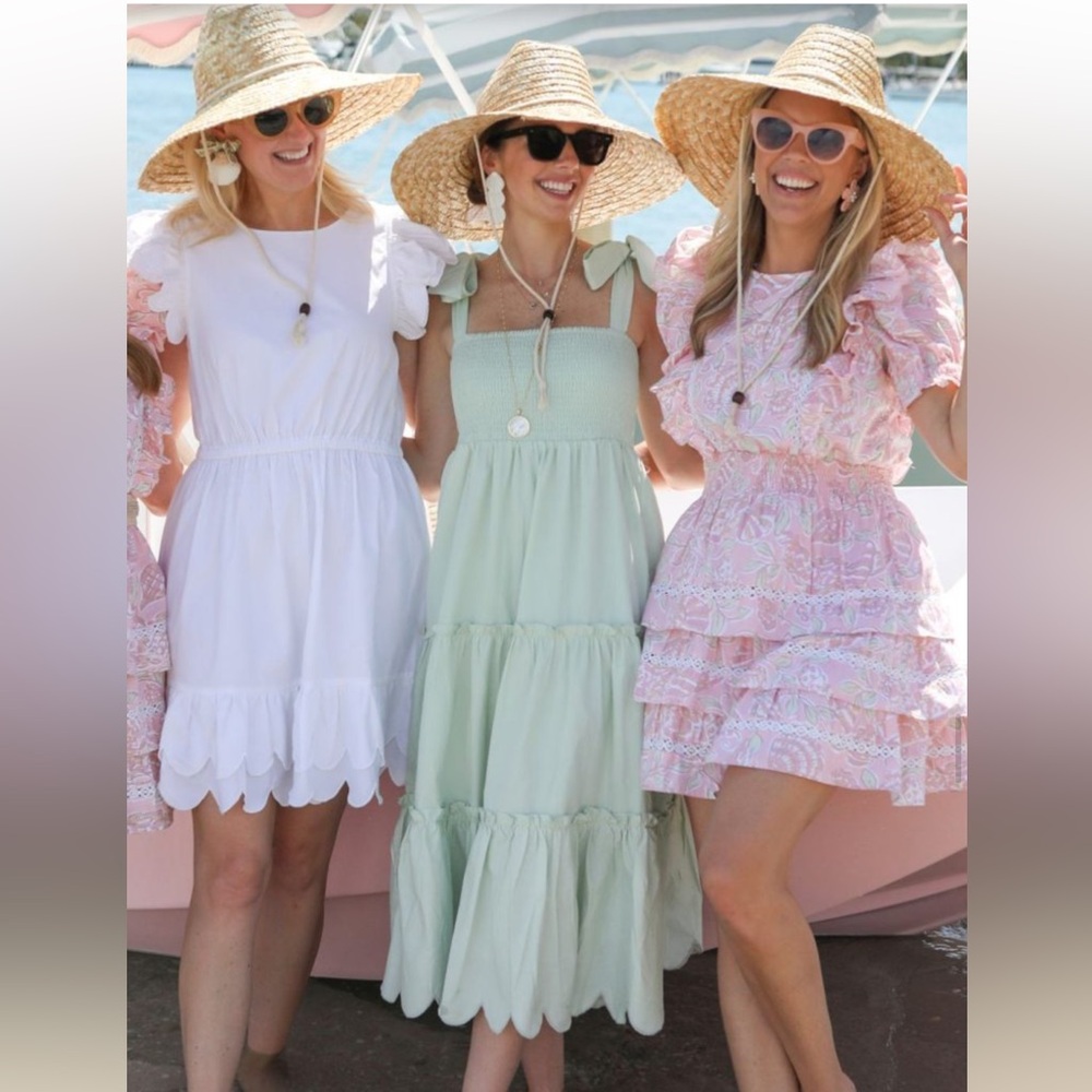 STS x PALM BEACH LATELY Bow Shoulder Smocked Midi Dress Patel Green